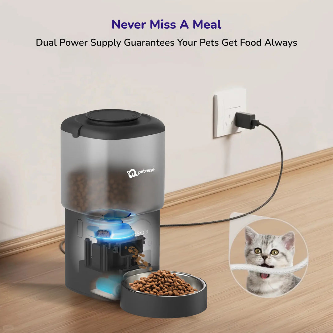 Automatic pet feeder with dual power supply using DC adapter and battery backup for reliable timed feeding.
