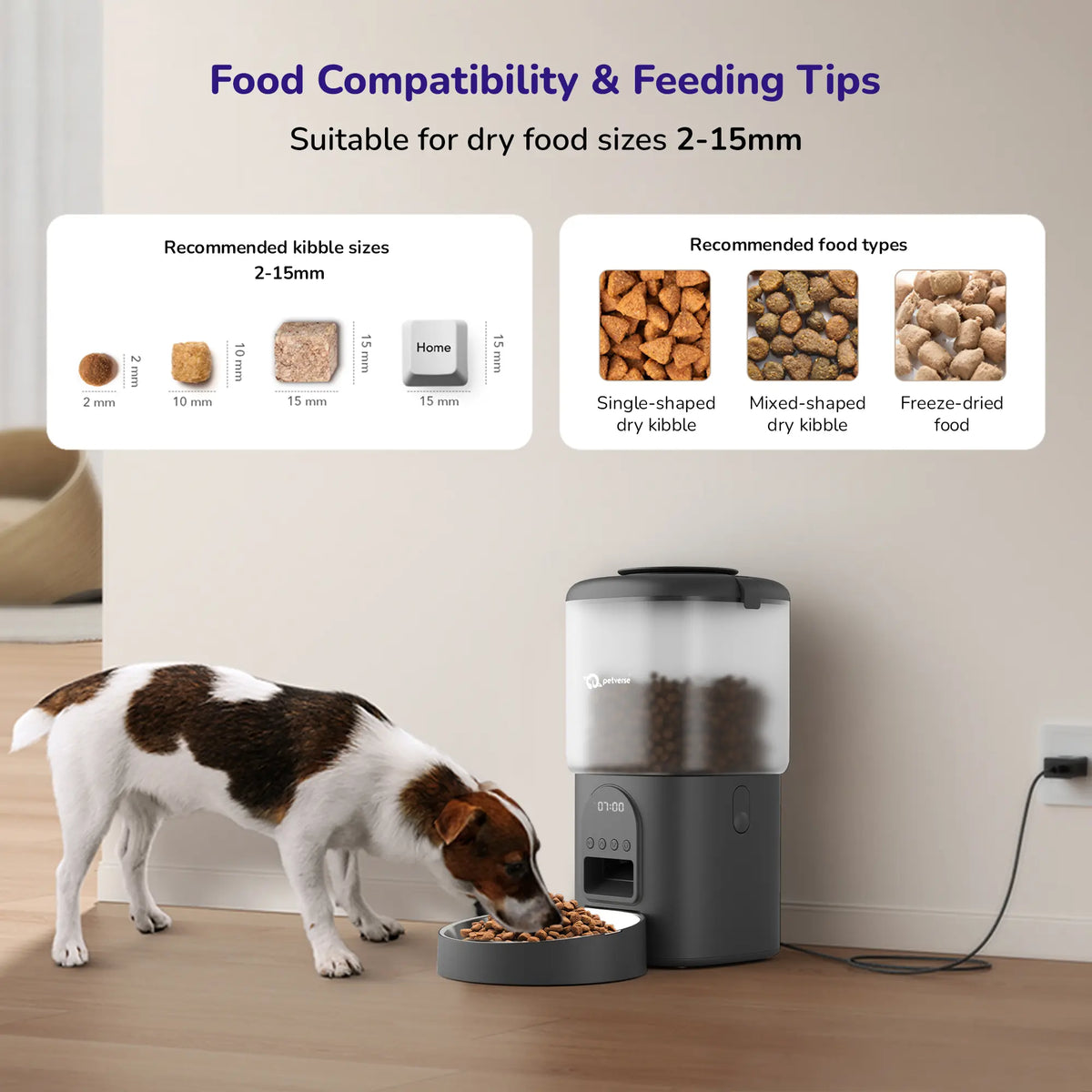 Internal view of an automatic pet feeder showing the stainless steel bowl and moisture-proof desiccant bag compartment.