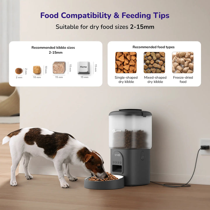 Internal view of an automatic pet feeder showing the stainless steel bowl and moisture-proof desiccant bag compartment.