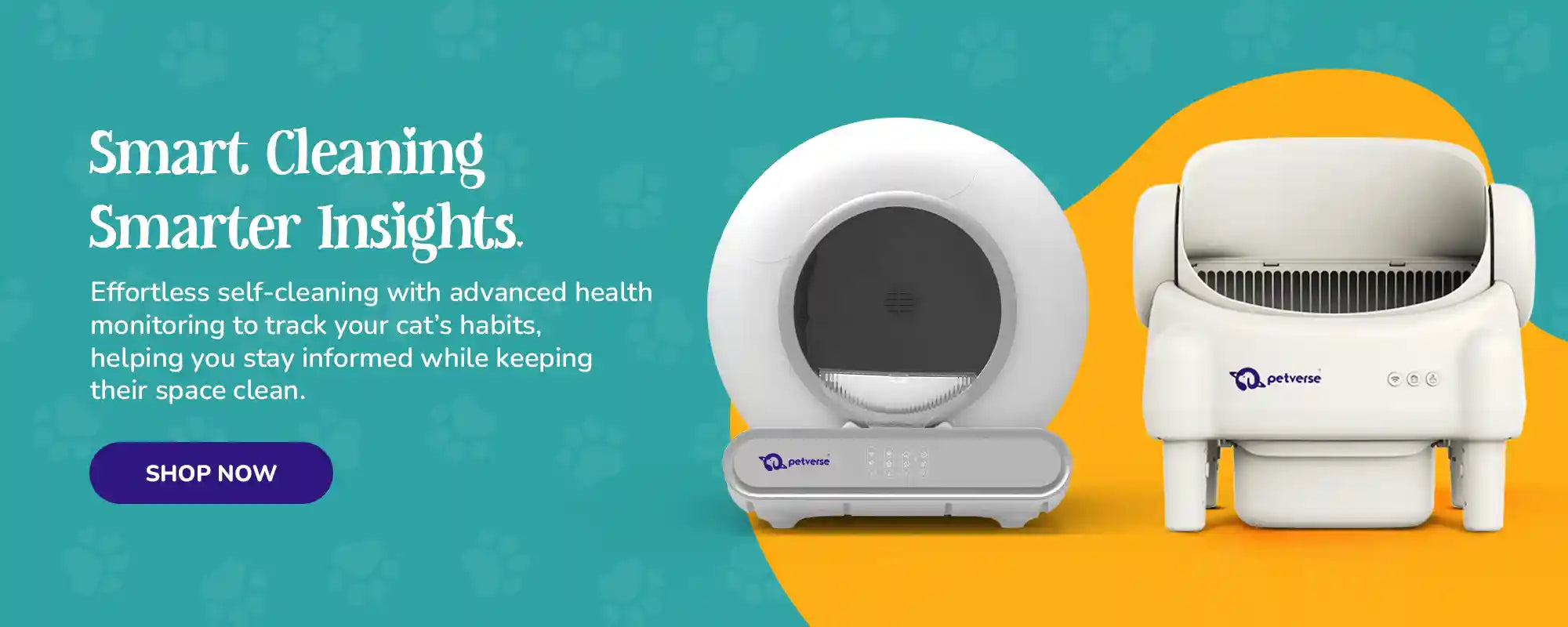 Wide banner with a happy cat next to an automatic litter box with promotional text and colorful elements