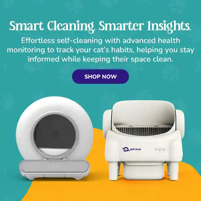 Wide banner showing a happy cat next to an automatic litter box with promotional text and colorful elements