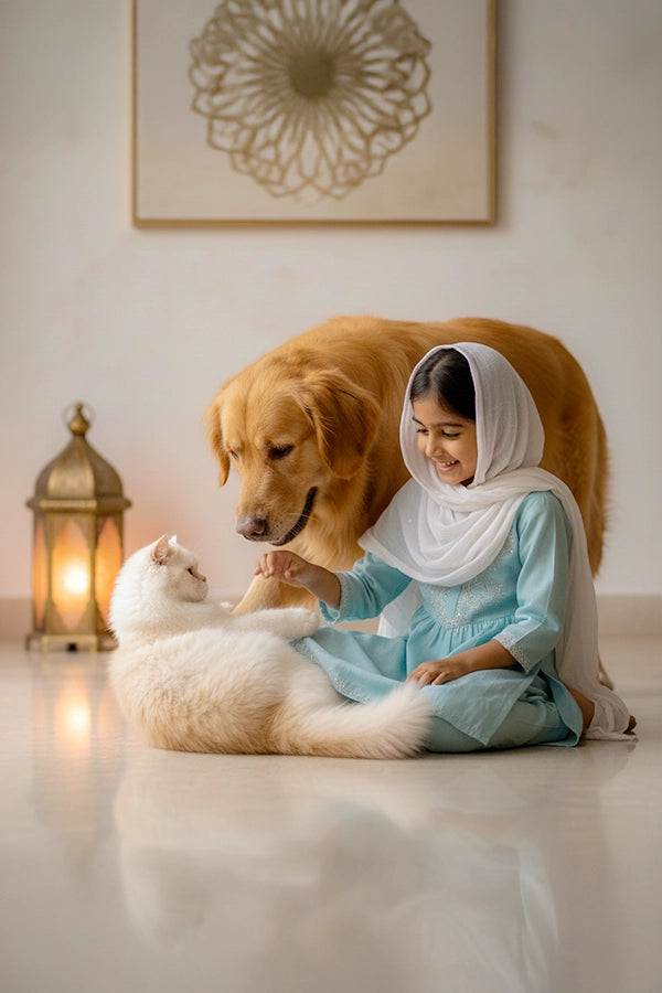 young girl playing with her pets and having a happy time
