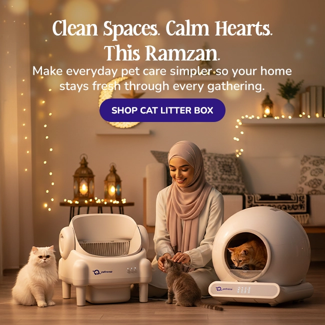 Woman with cats beside Petverse automatic litter box in warm Ramzan home celebration setting.