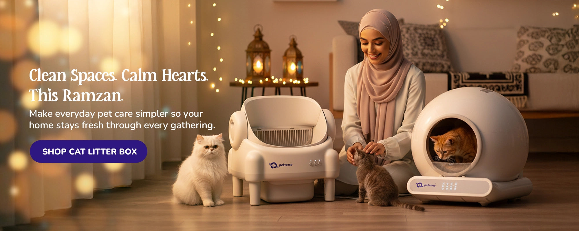 Woman with cats beside Petverse automatic litter box in warm Ramzan home celebration setting.
