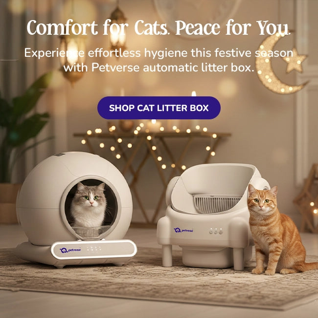 Petverse automatic litter box with a cat inside, surrounded by festive decorations.