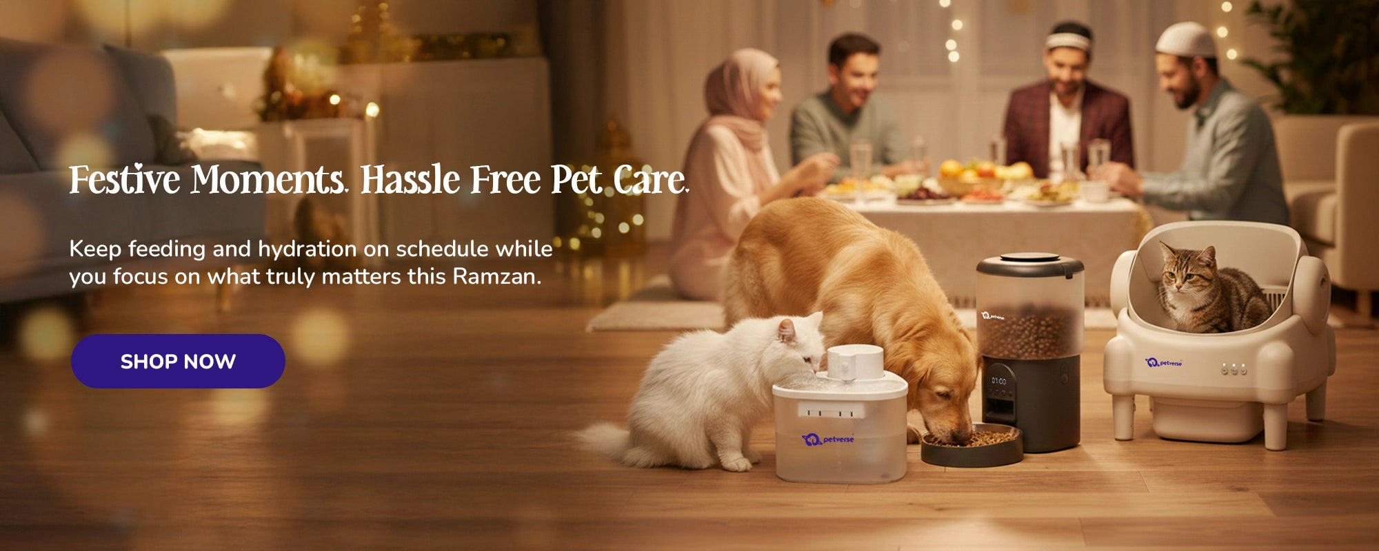 Ramzan festive family evening with dog and cat using Petverse smart feeder and water fountain at home.