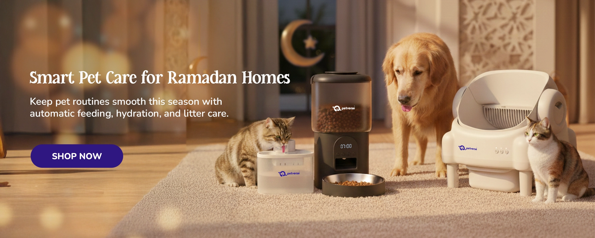 Petverse smart pet care products including feeder, fountain, and litter box displayed in a warm evening home during Ramadan season.