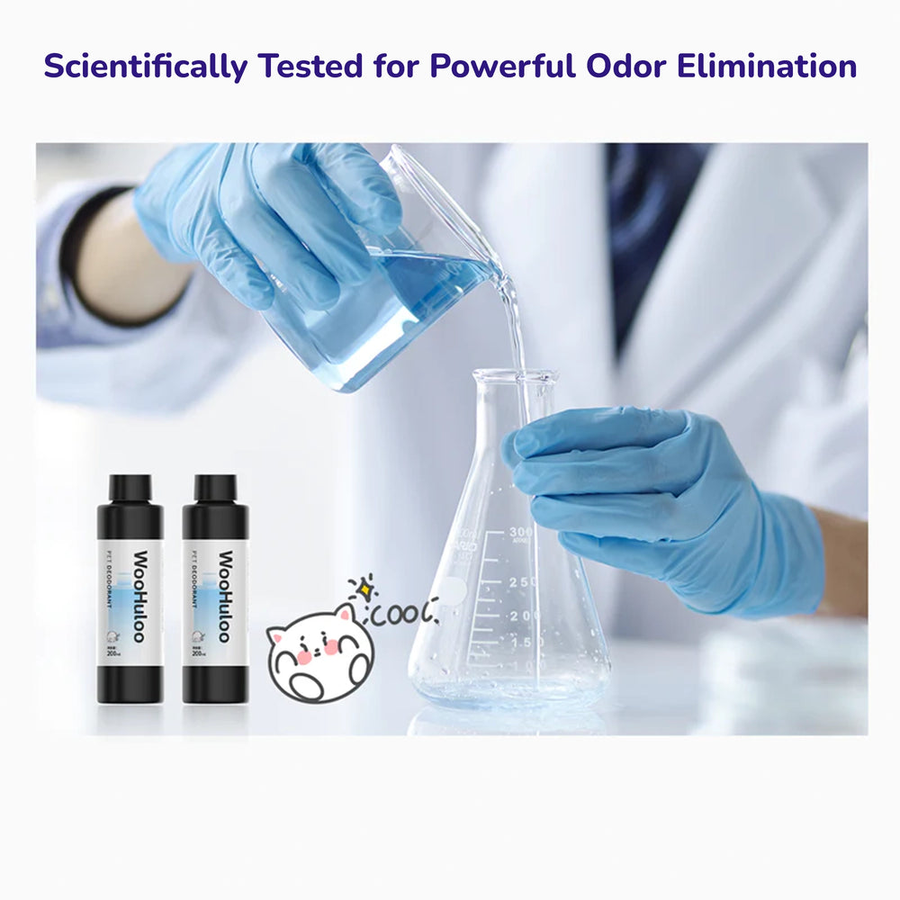 Scientifically tested deodorant bottles with blue liquid being poured into a glass beaker, showing the powerful odor elimination concept.