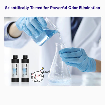 Scientifically tested deodorant bottles with blue liquid being poured into a glass beaker, showing the powerful odor elimination concept.