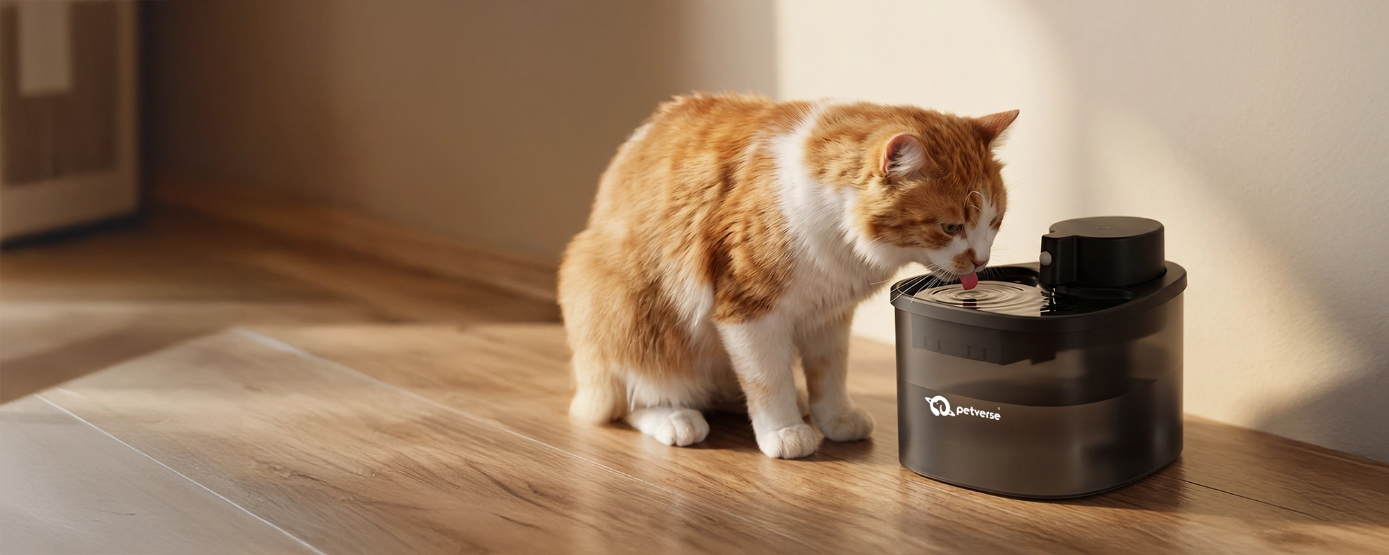 Cat drinking from a black pet water fountain on a wooden floor.