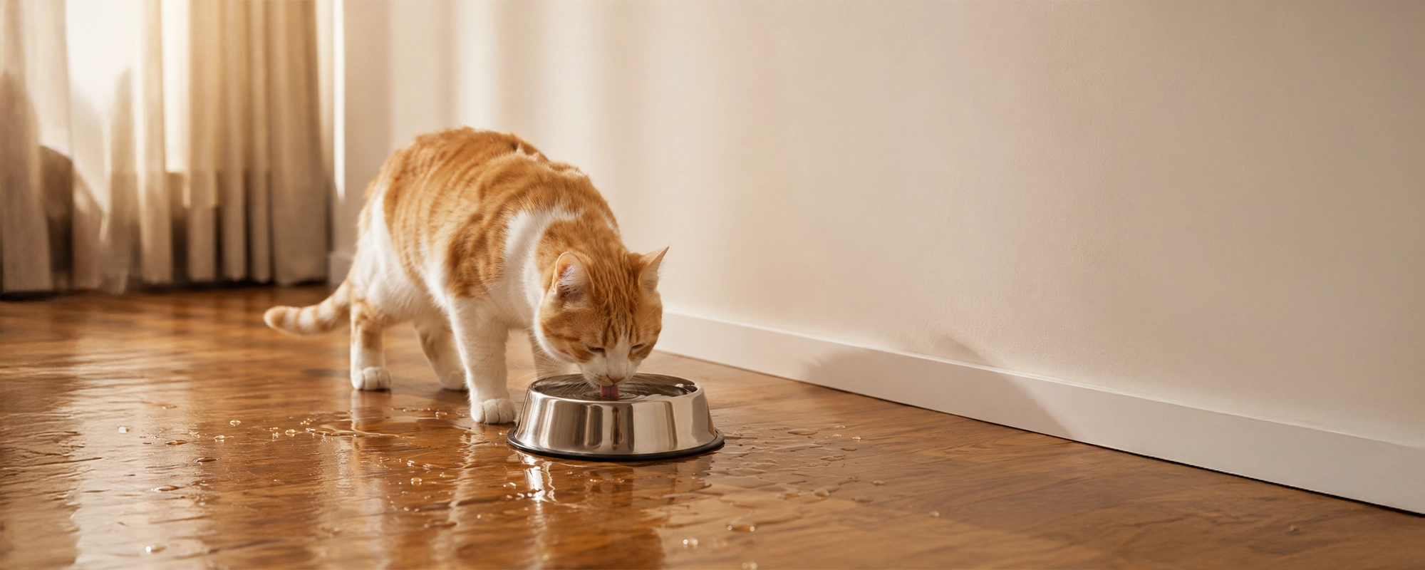 Cat drinking from a metal bowl on a wooden floor.