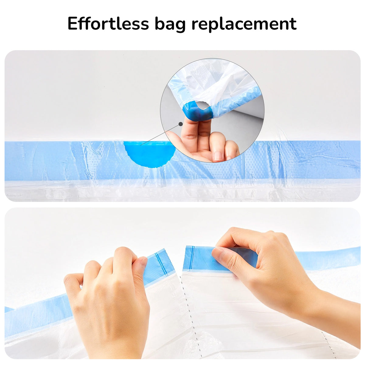 Easy and quick bag replacement for hassle-free waste disposal.