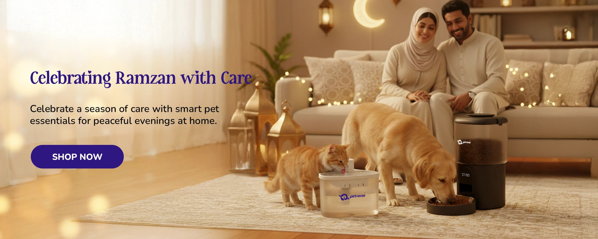 Dog and cat using Petverse smart feeder and fountain during Ramzan evening at home with family.