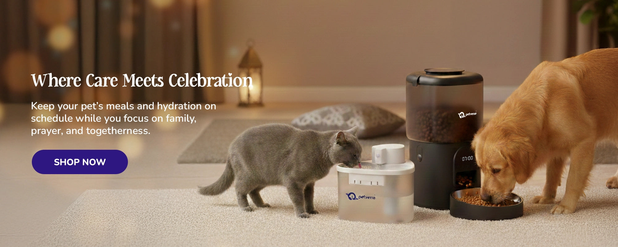 Cat is drinking water from petverse 2L water fountain and dog is eating food from petverse automatic pet feeder.