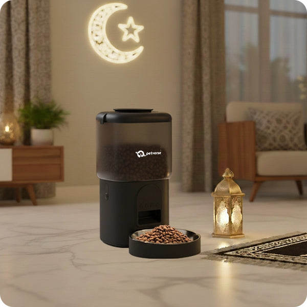 Petverse automatic pet feeder dispensing food for dog and cat in festive evening setup.
