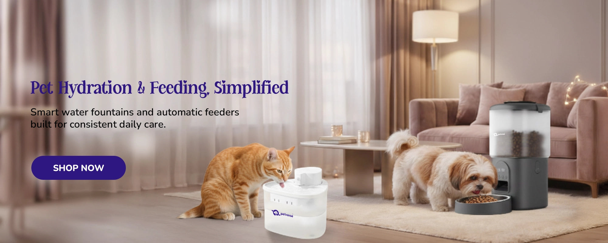 Petverse pet water fountain and automatic pet feeder in a home setting with cat drinking water and dog eating kibble.
