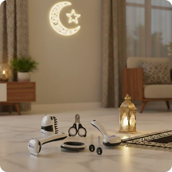 Petverse pet grooming kit for dogs and cats in warm Ramzan festive home setting.
