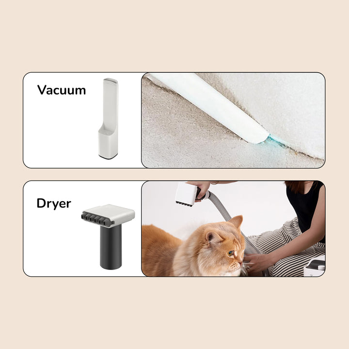 Grooming kit with vacuum and dryer.