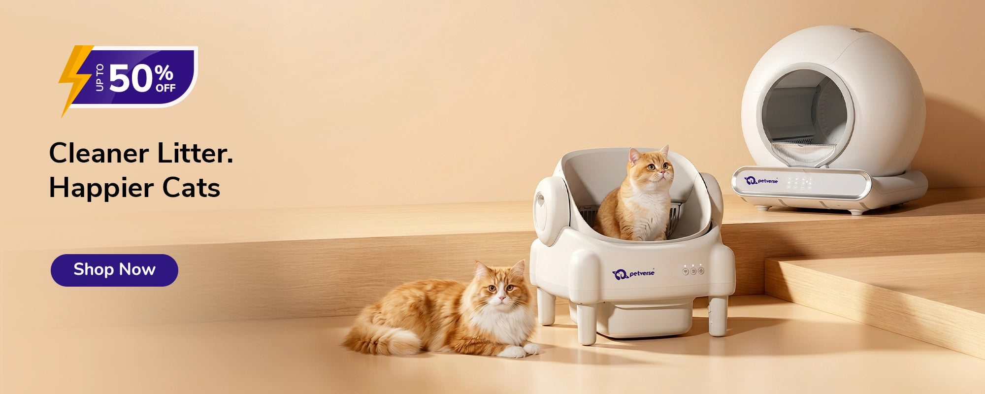 Petverse summer sale banner showing the open top and globe self-cleaning cat litter boxes on warm beige steps with two cats.