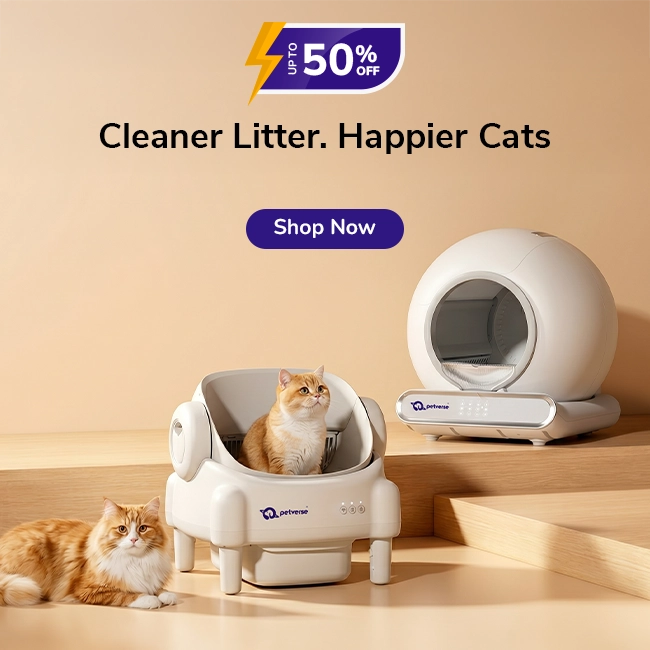 Petverse summer sale banner showing the open top and globe self-cleaning cat litter boxes on warm beige steps with two cats.