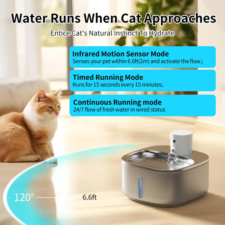 Pet water fountain with motion‑activated flow and a cat beside it with a text overlay showing sensor range and running modes.
