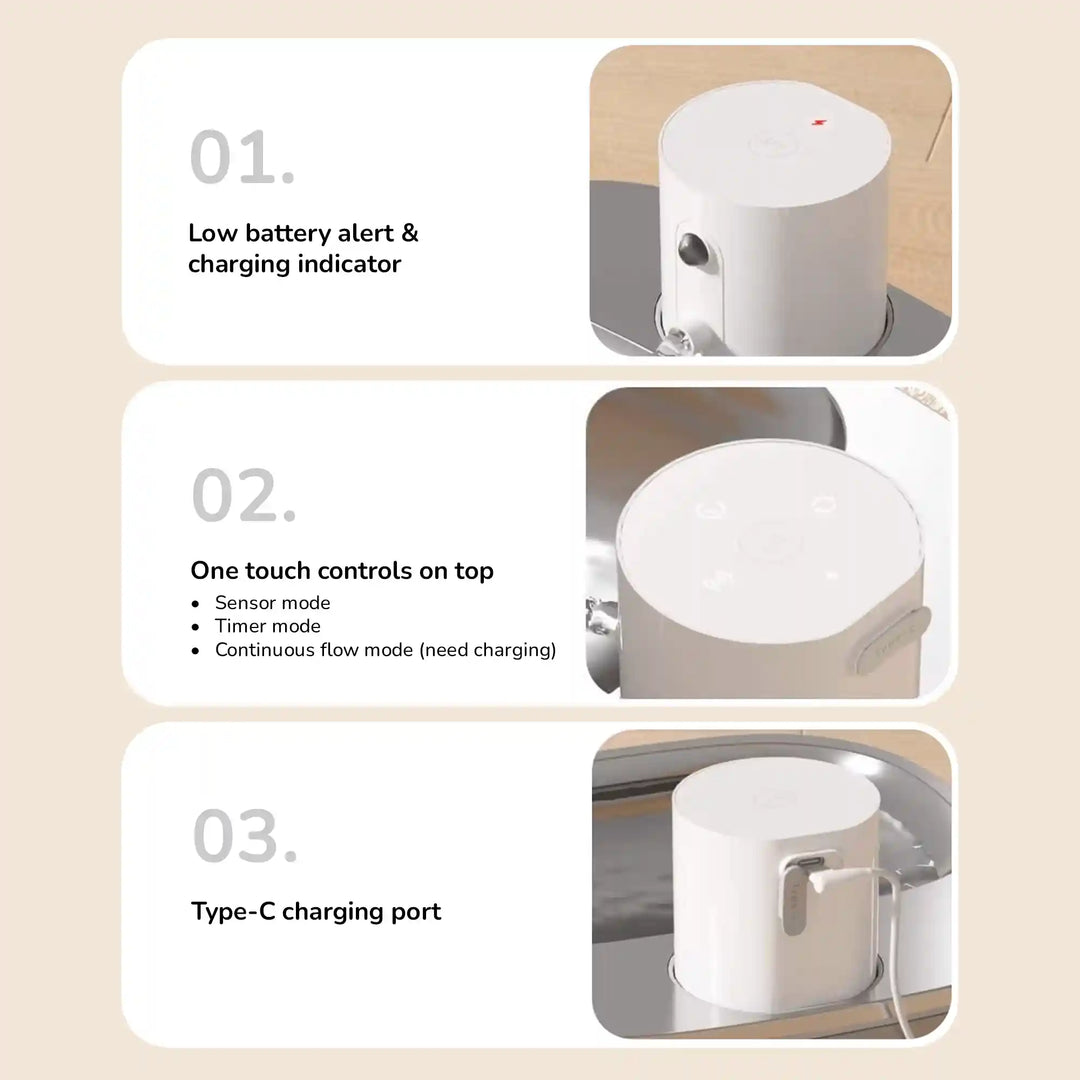 View of a white pet water fountain showing a low‑battery alert icon, a one‑touch control panel with modes, and a USB‑C charging port.