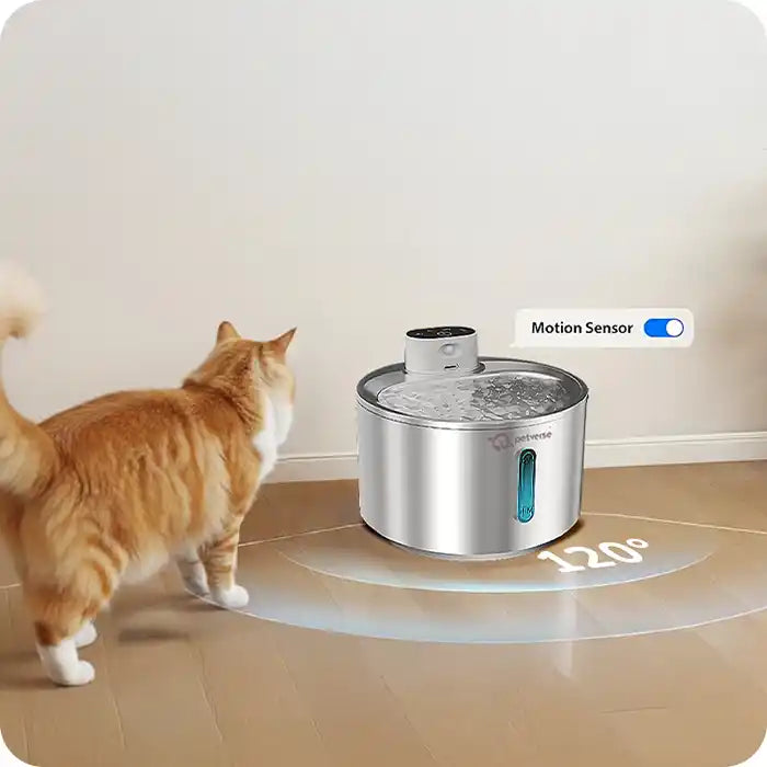 Cat interacting with a pet water fountain on a tiled floor.
