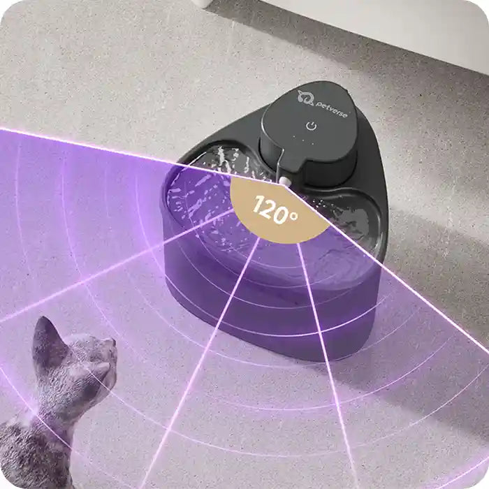 Black triangular pet water fountain with cat approaching and 120° sensor graphic