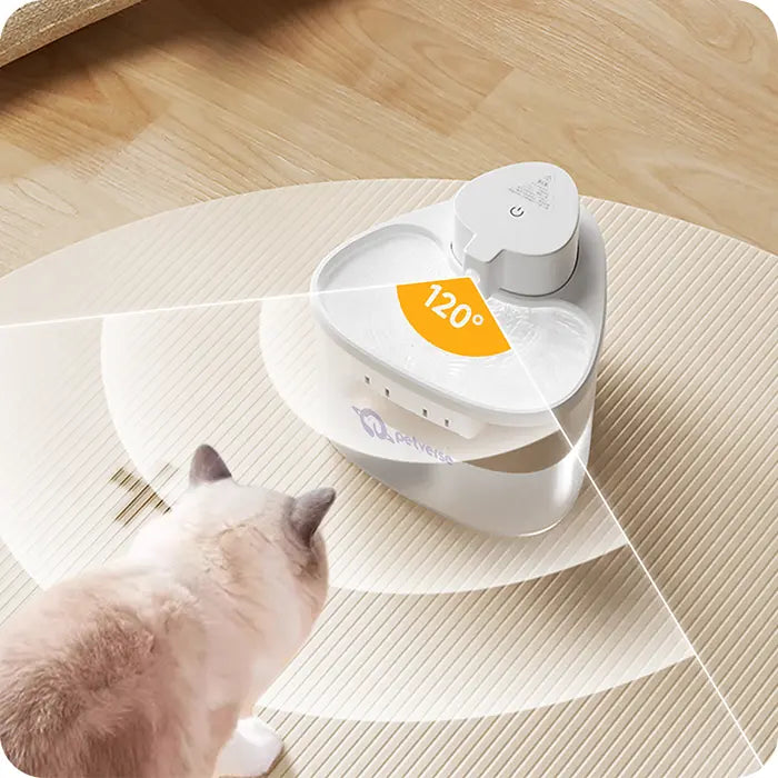 Cat approaching the Petverse water fountain with a highlighted 120° detection range