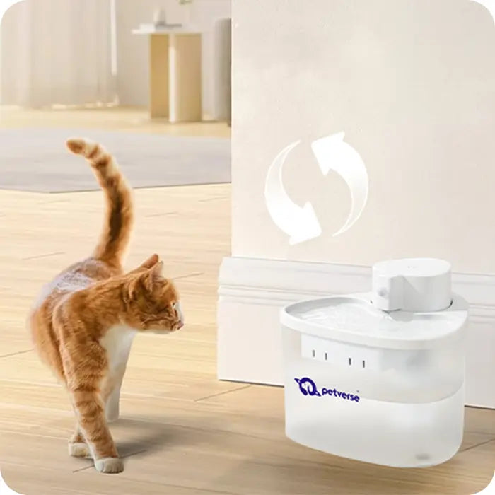 Cat inspecting the Petverse water fountain filter placed in a corner at home.