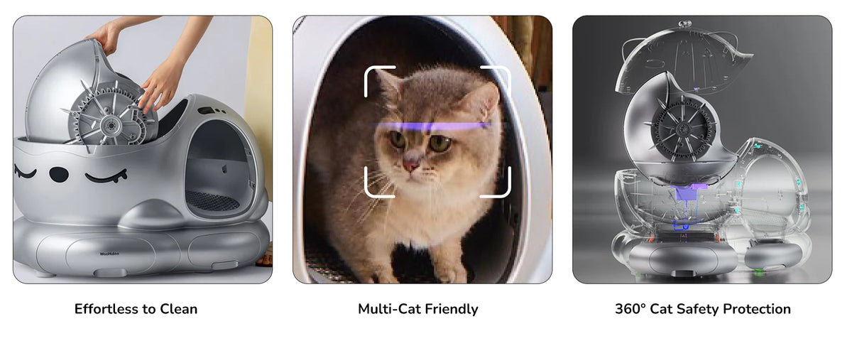 Silver cat-shaped automatic litter box showing easy cleaning and 360° safety design