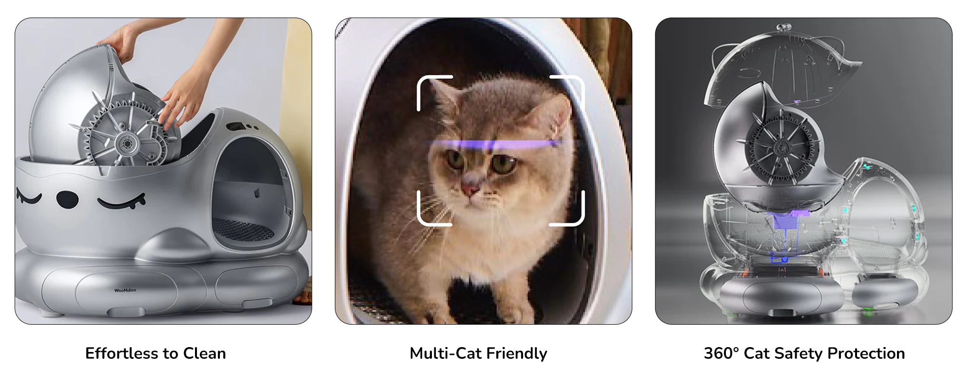 Silver cat-shaped automatic litter box showing easy cleaning and 360° safety design