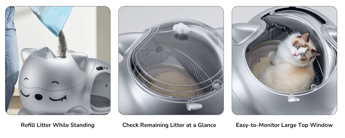 Silver cat-shaped litter box showing standing refill, transparent top for checking remaining litter, and cat inside easy-monitor top window
