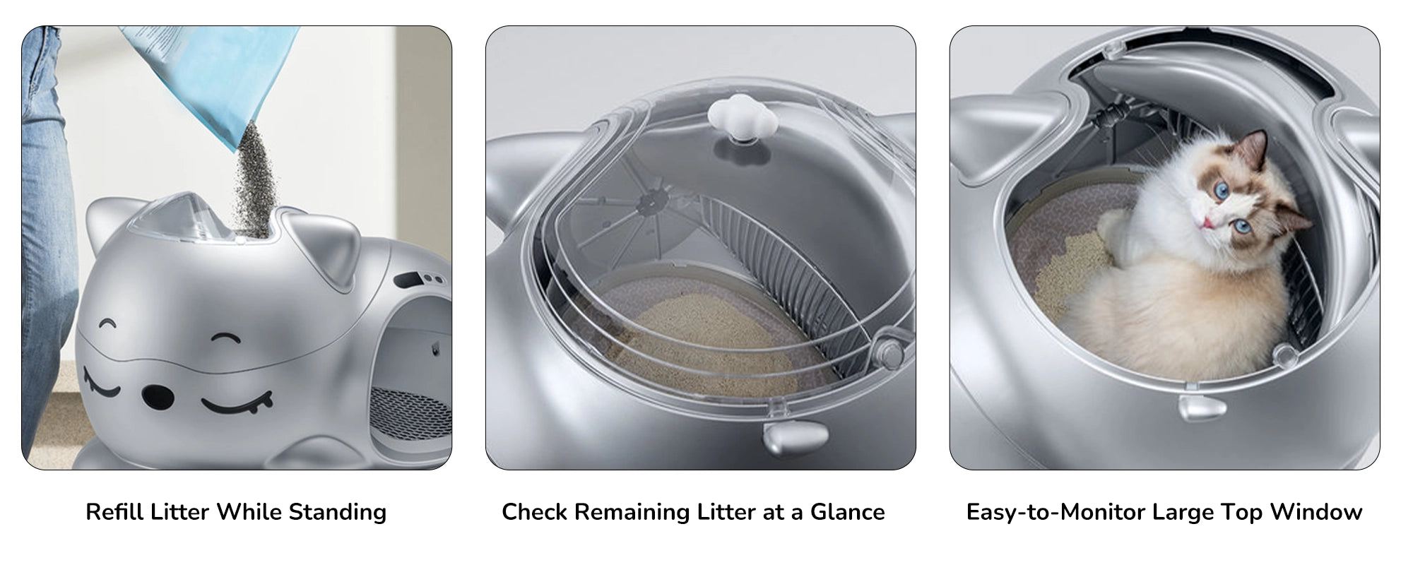 Silver cat-shaped litter box showing standing refill, transparent top for checking remaining litter, and cat inside easy-monitor top window