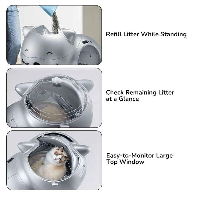 Silver cat-shaped litter box showing standing refill, transparent top for checking remaining litter, and cat inside easy-monitor top window