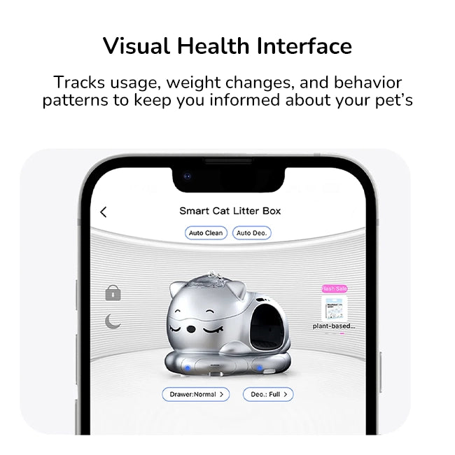 Smart cat litter box with cat-shaped interface on mobile screen and text about visual health tracking for pets