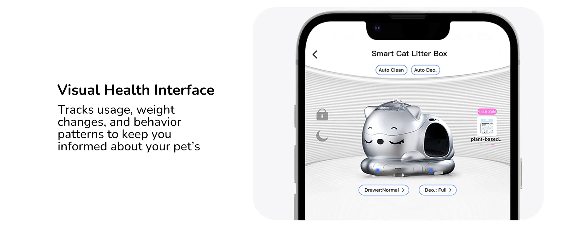 Smart cat litter box with cat-shaped interface on mobile screen and text about visual health tracking for pets