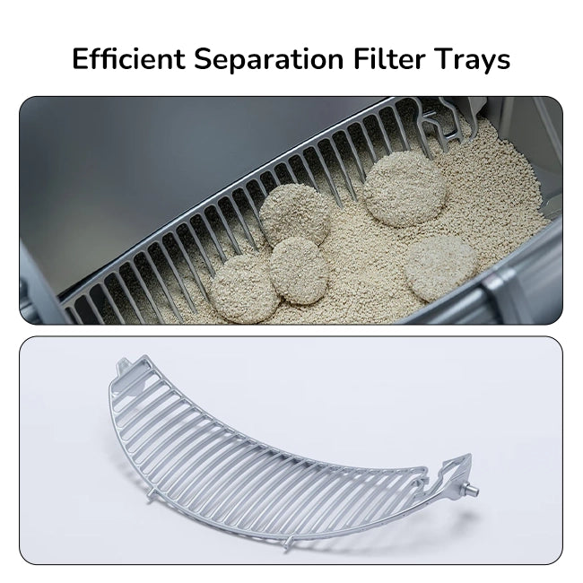 Efficient separation filter tray part showing granules above and curved gray plastic filter tray