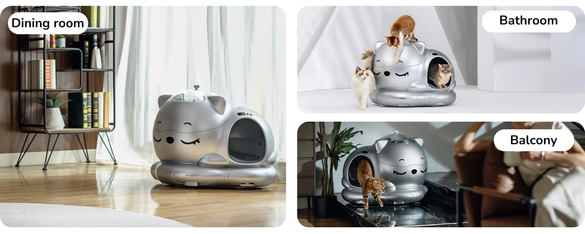 Silver cat-shaped modular pet house with playful kittens in dining room, bathroom and balcony settings