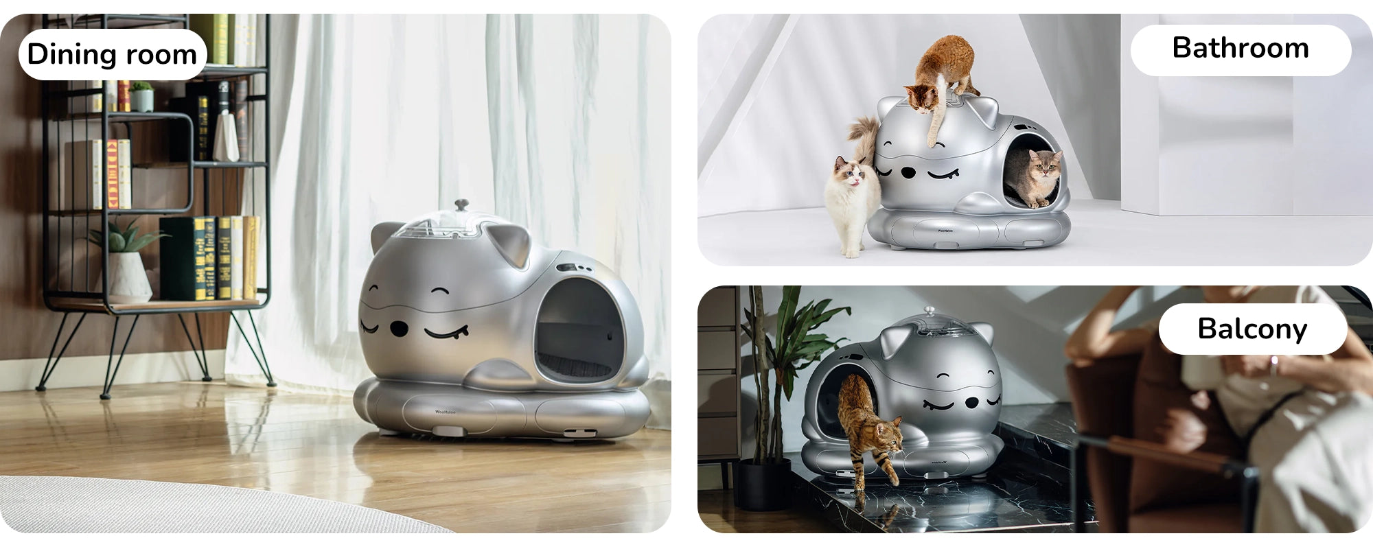 Silver cat-shaped modular pet house with playful kittens in dining room, bathroom and balcony settings