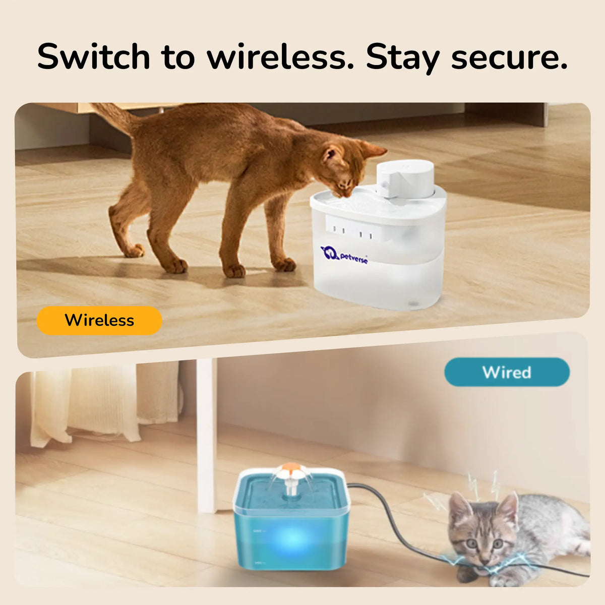 Top panel: a brown cat drinks from a wireless white Petverse pet water fountain; bottom panel: a wired blue pet fountain with a kitten nearby.