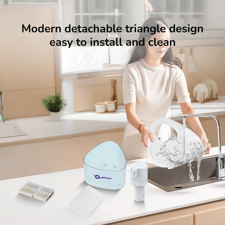 water fountain with a modern detachable triangular design, highlighting easy installation and cleaning.