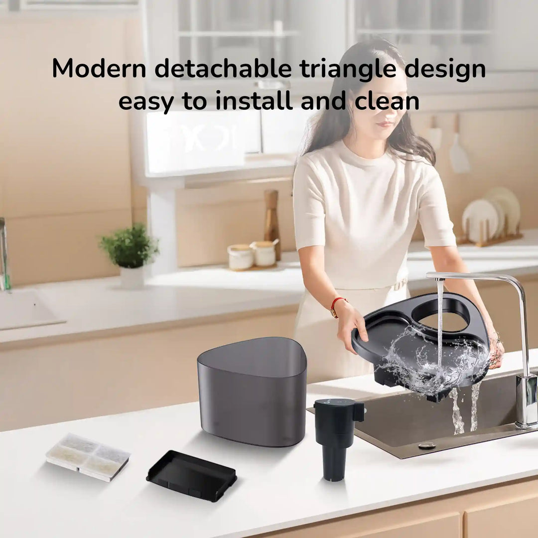 Woman rinsing a detachable pet water fountain part at a kitchen sink with the fountain base and filter pieces on the counter and text about modern detachable triangle design.