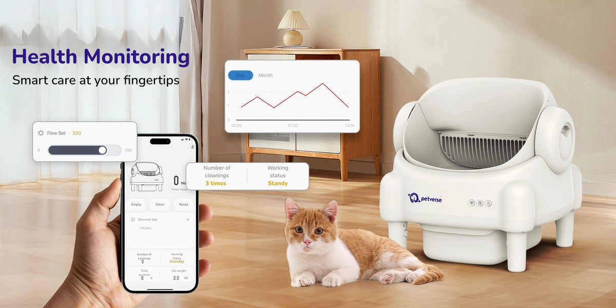 Petverse smart litter box with a cat lying beside it and a smartphone app showing health monitoring stats and a graph.