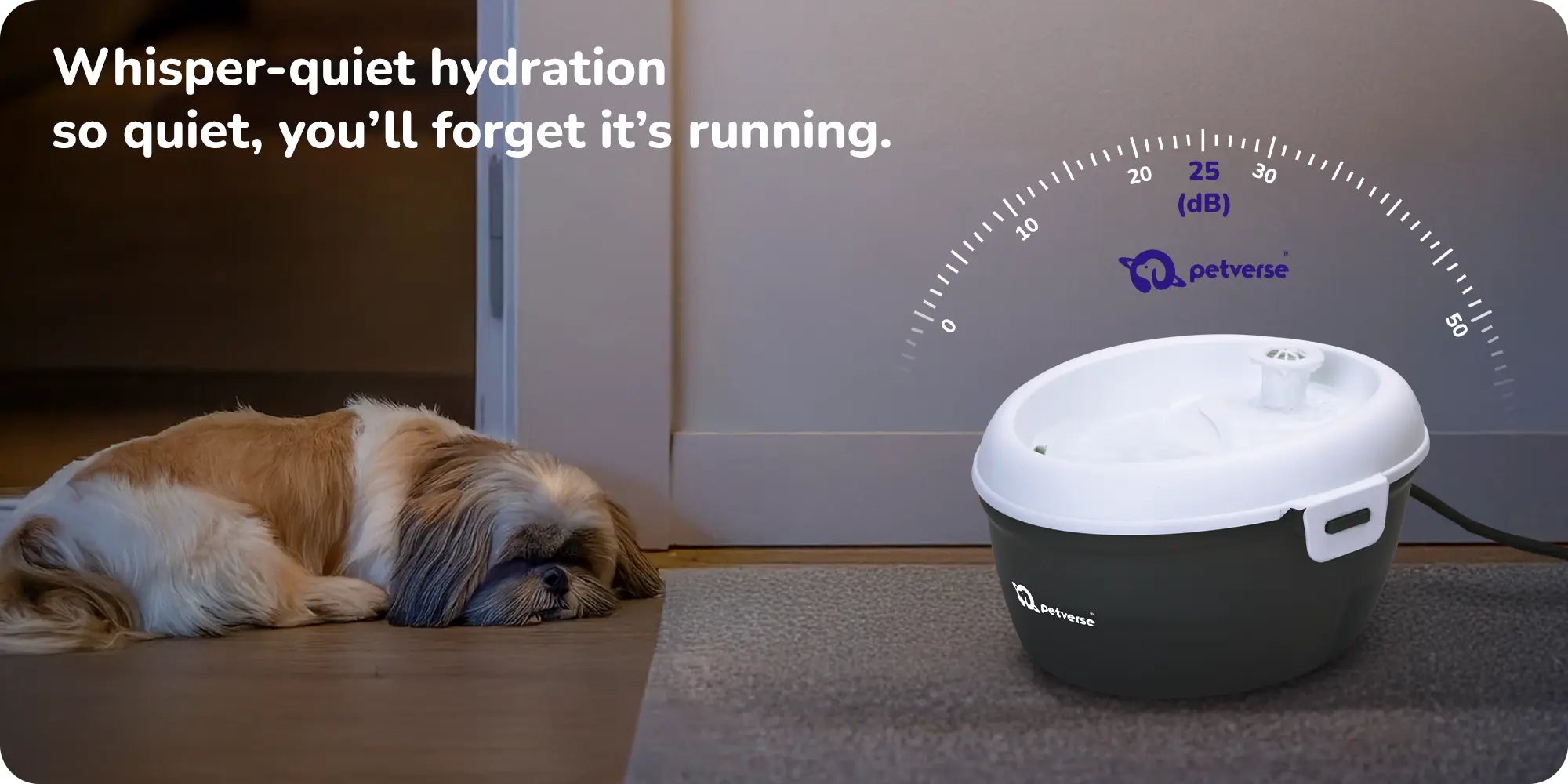 Quiet automatic pet water fountain next to sleeping dog with ‘whisper-quiet hydration’ text.