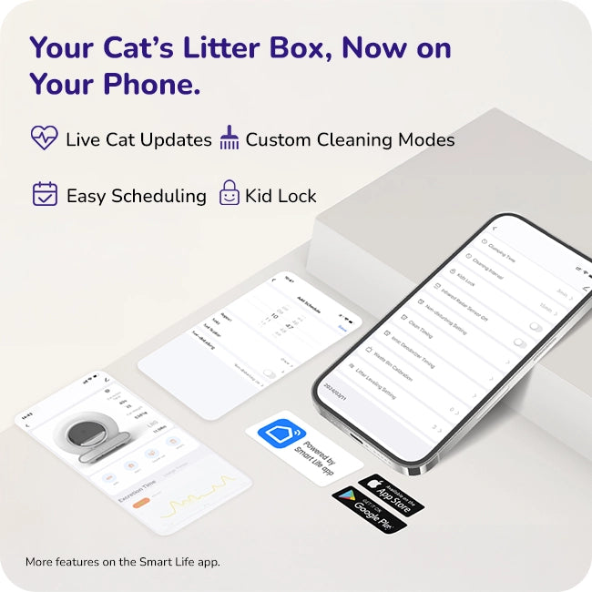 The Smart Life app shows cat litter box controls, cleaning modes, the schedule, and kid lock.