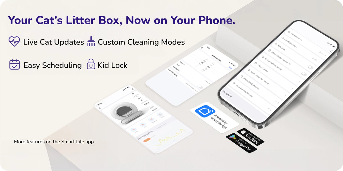 The Smart Life app shows cat litter box controls, cleaning modes, the schedule, and kid lock.