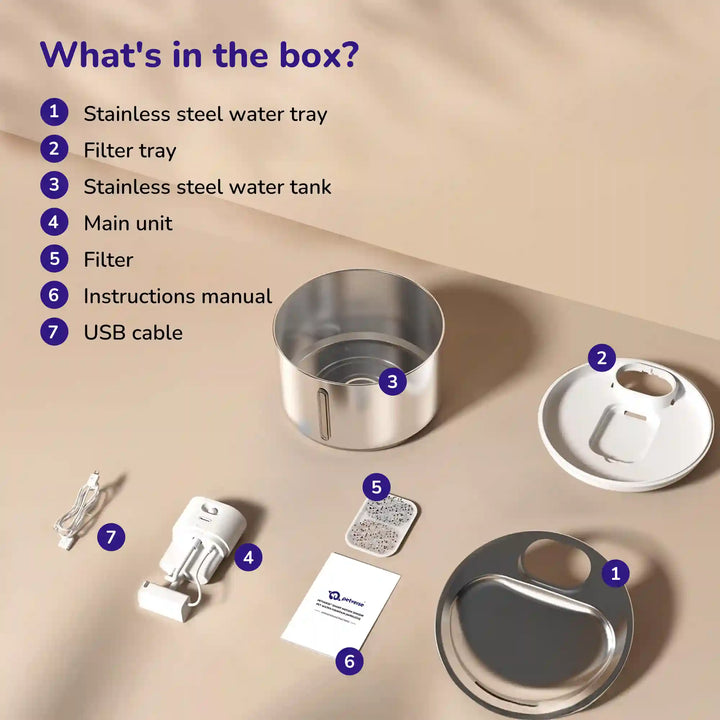 What’s in the box for a pet water fountain showing