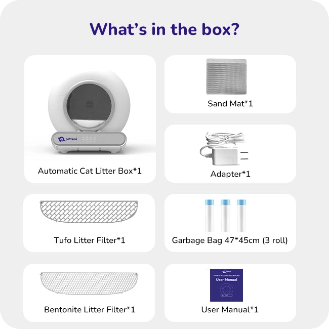 Automatic cat litter box kit showing the box contents