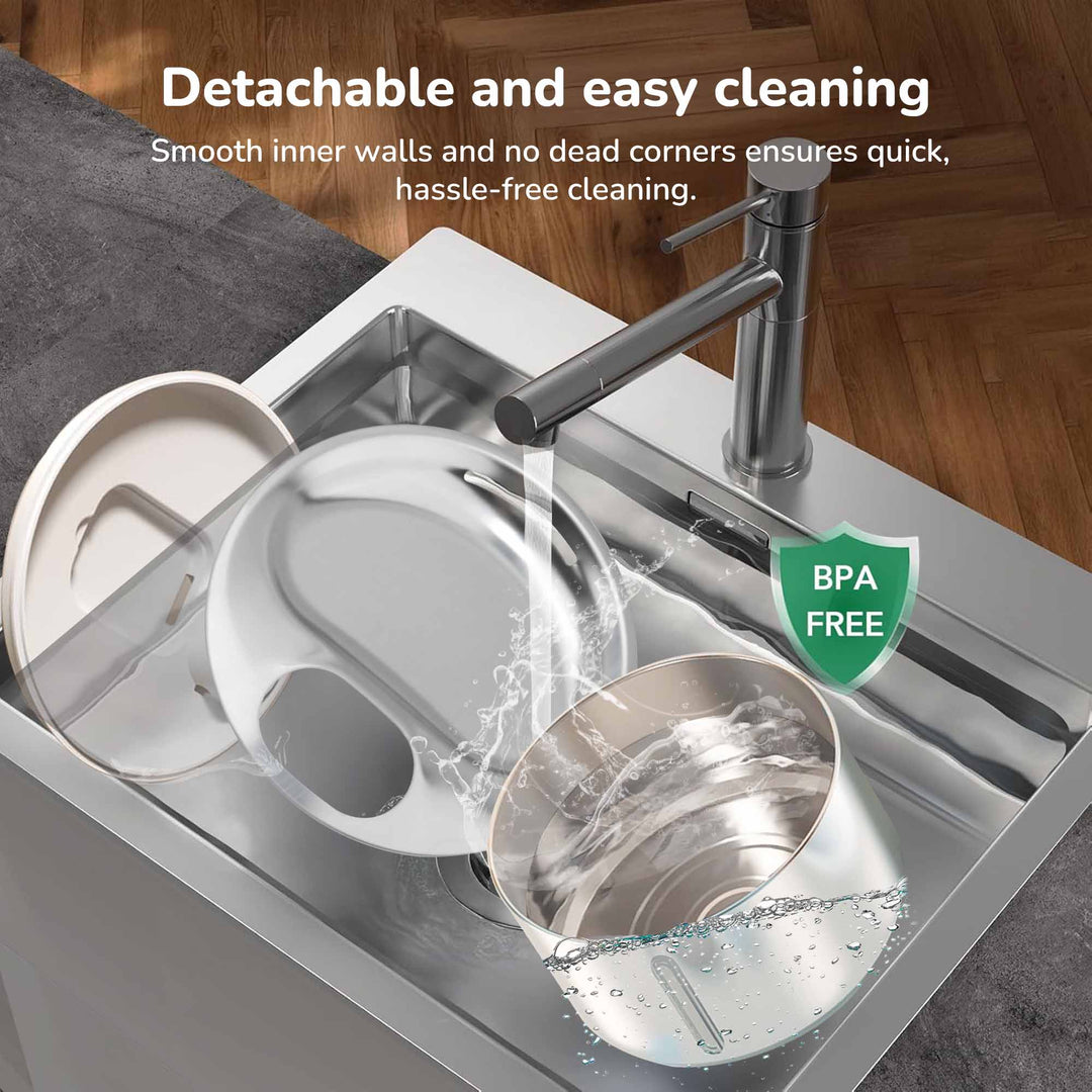 Stainless steel kitchen with detachable and easy cleaning, and a BPA-free label.